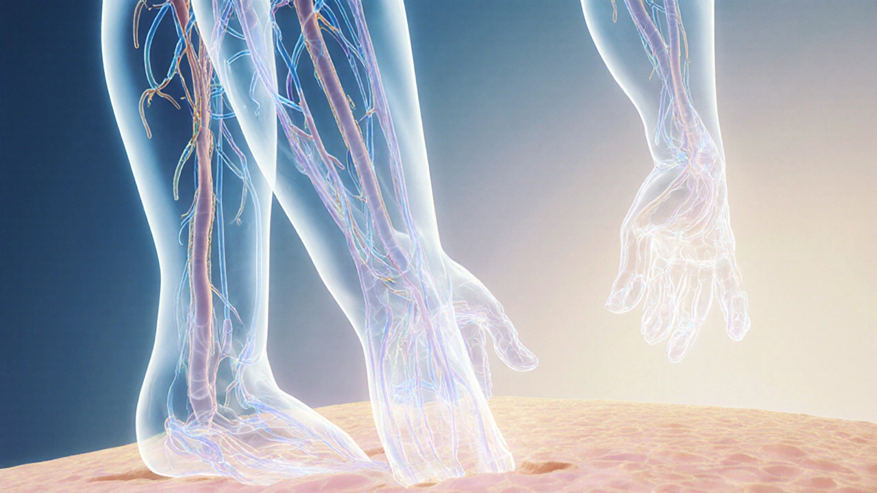 Přehled lidského těla s viditelným prouděním lymfy pod kůží a jemnými pohyby rukou.