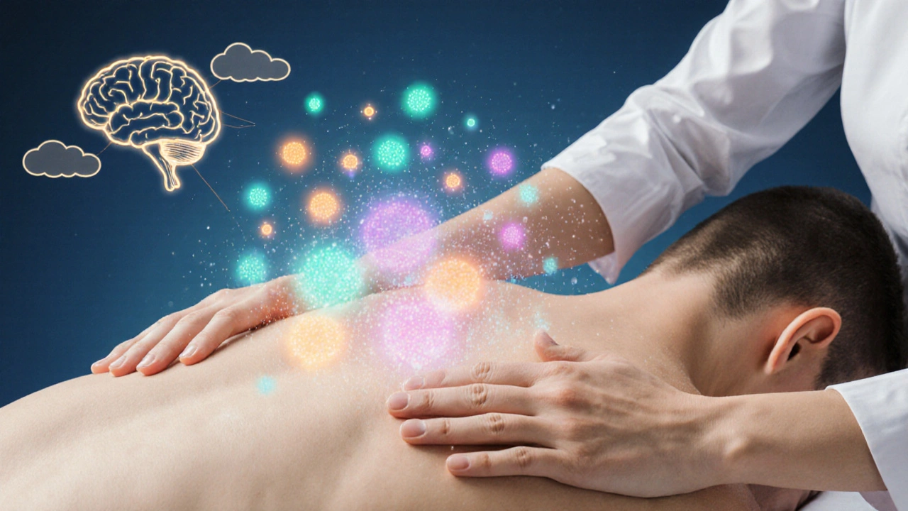 Ilustrace rukou na zádech s barevnými částicemi endorfinů, serotoninu a dopaminu.