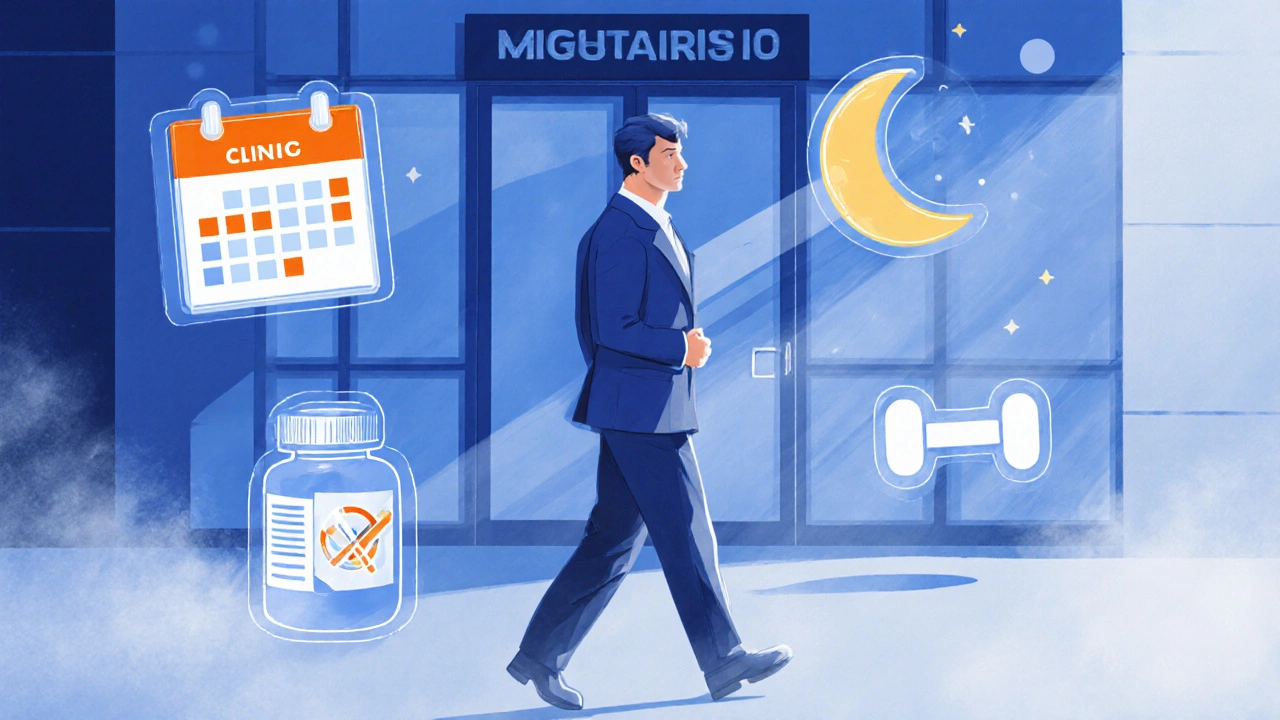 Postava odcházela z kliniky, obklopená ikonami méně migrén a lepšího spánku.