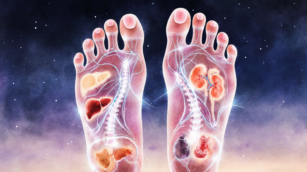 Abstraktní mapa chodidel s propojenými orgány pomocí jemných světelných čar.