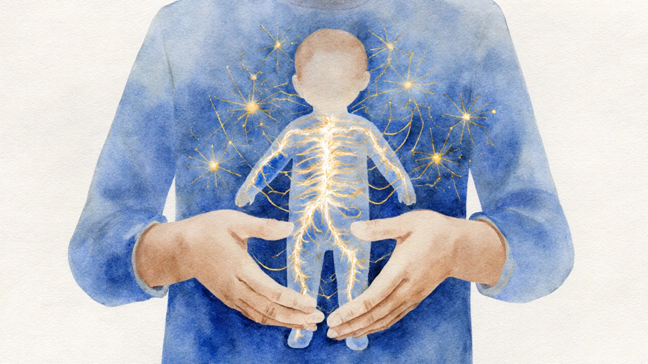 Abstraktní znázornění lásky a vývoje přes doteky mezi rodičem a dítětem.