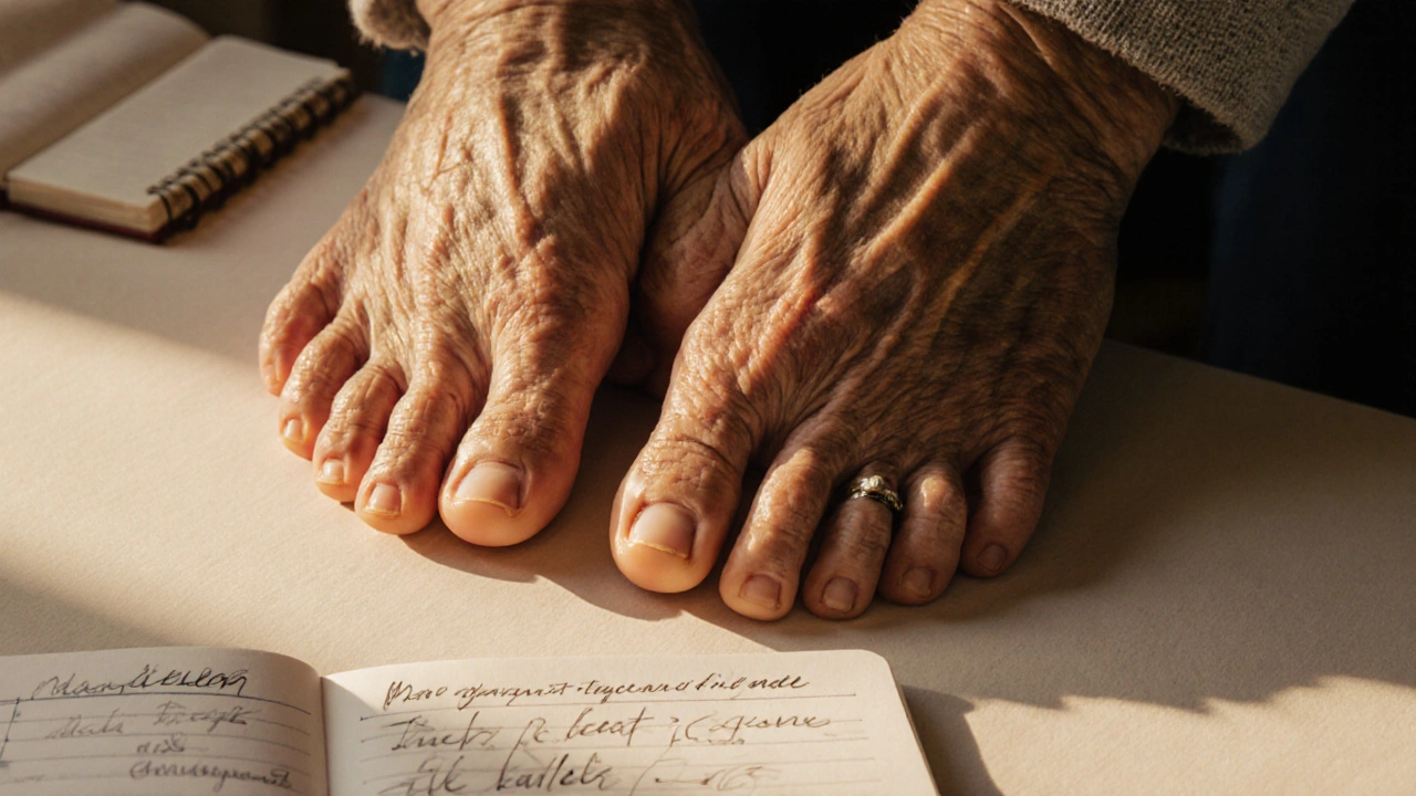 Dvě ruce se navzájem masírují chodidla, vedle nich malý deník.