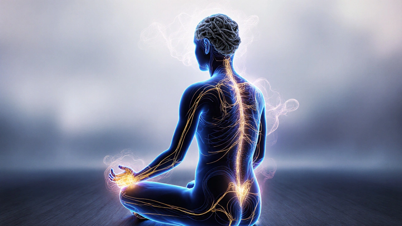 Koncepční znázornění energetických toků v těle během Shiatsu, kde se tmavé napětí mění v teplé světlo.