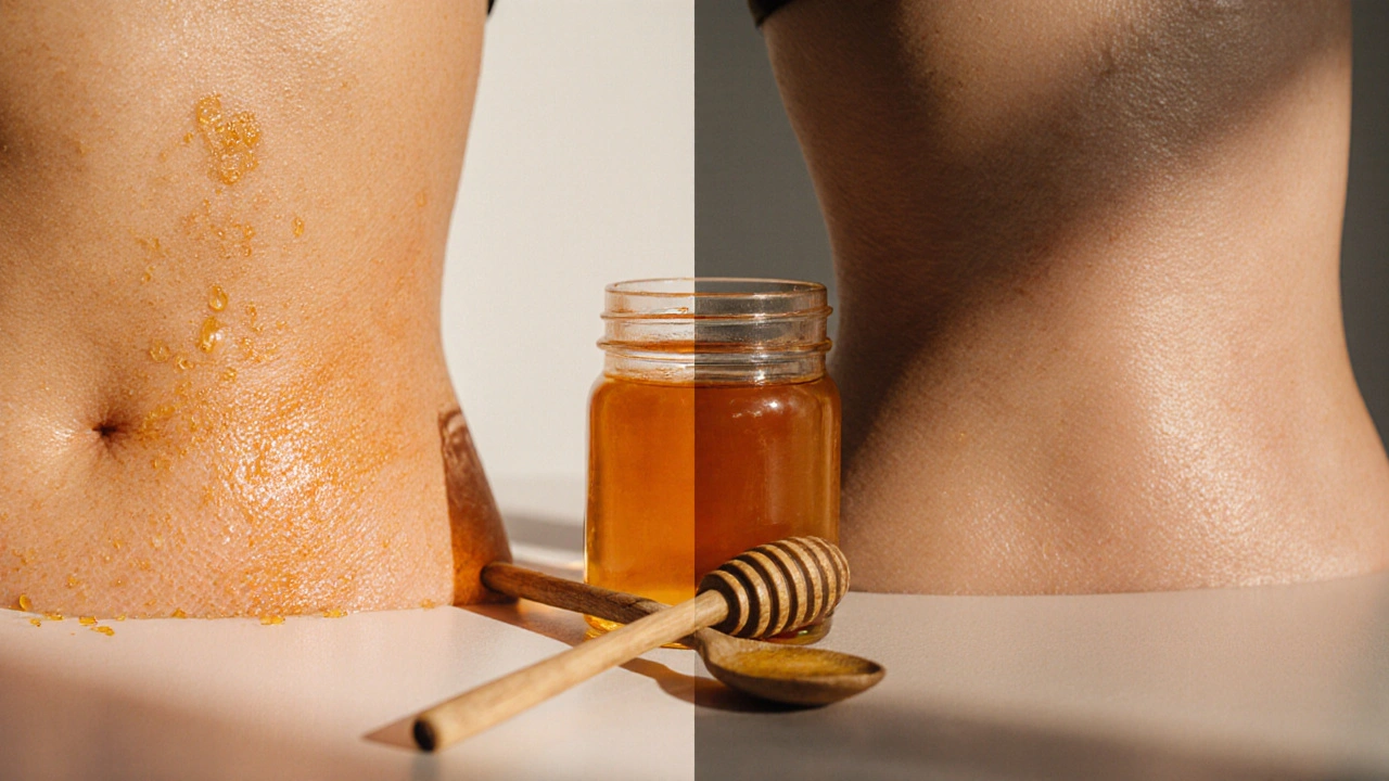 Porovnání textury kůže před a po medové masáži – hladká vs. vrásčitá.