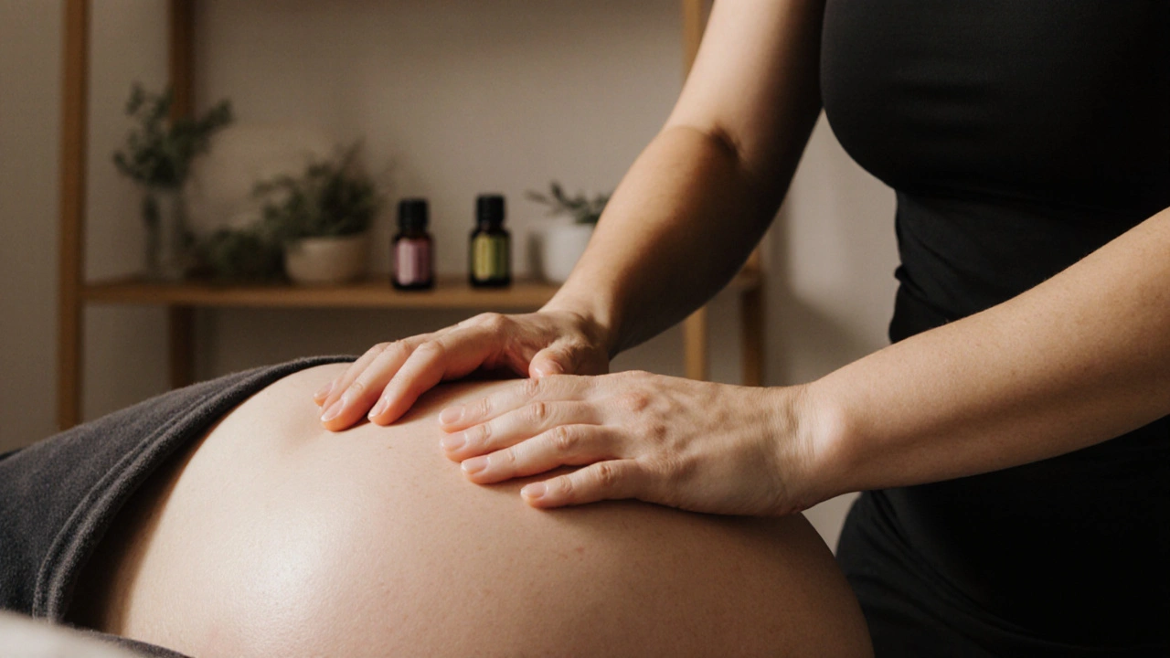 Profesionální masérka pracuje s jemným tlakem na pánvi těhotné ženy.