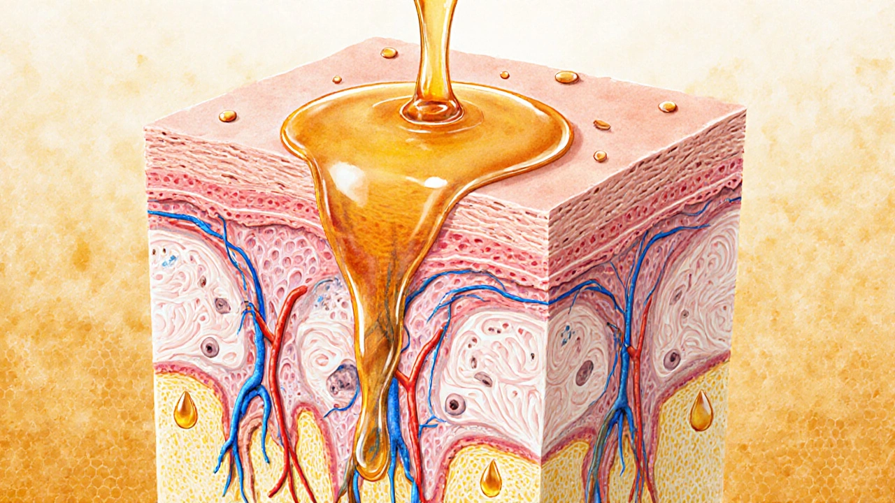 Průřez kůže ukazující, jak med rozkládá tukové uzly a aktivuje lymfu.