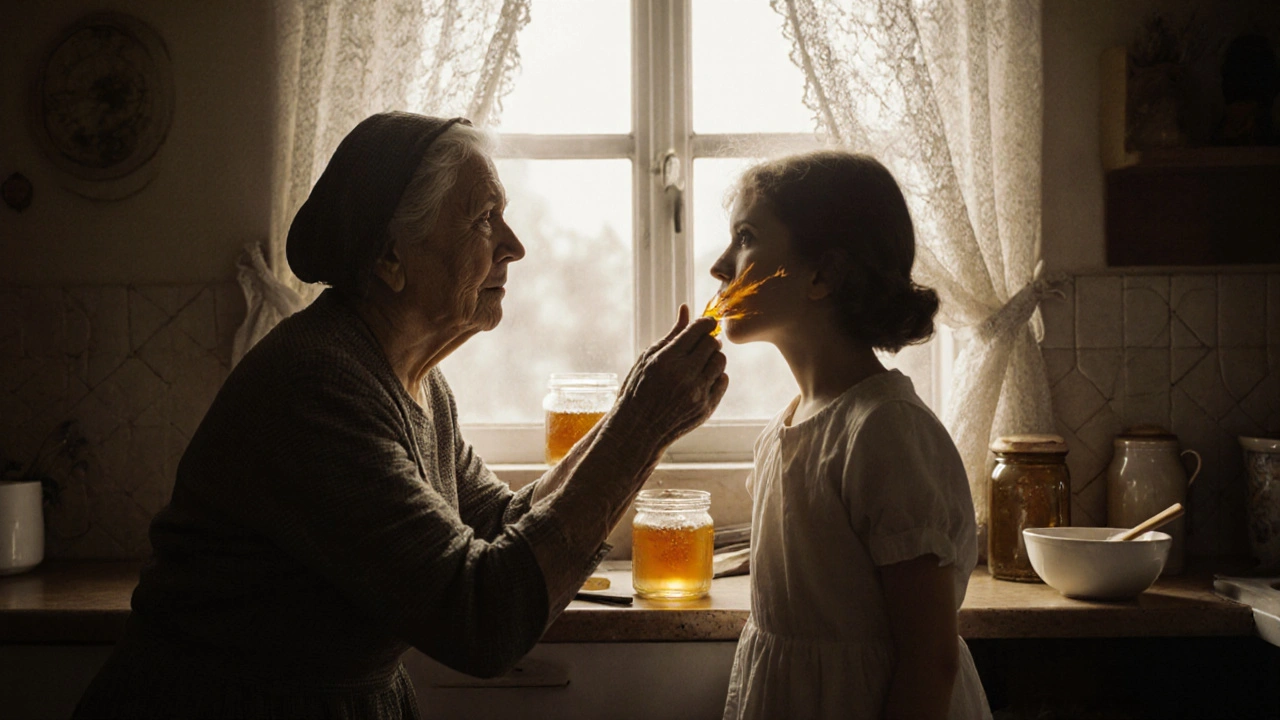 Stará česká žena aplikuje med na dívčin obličej v kuchyni.