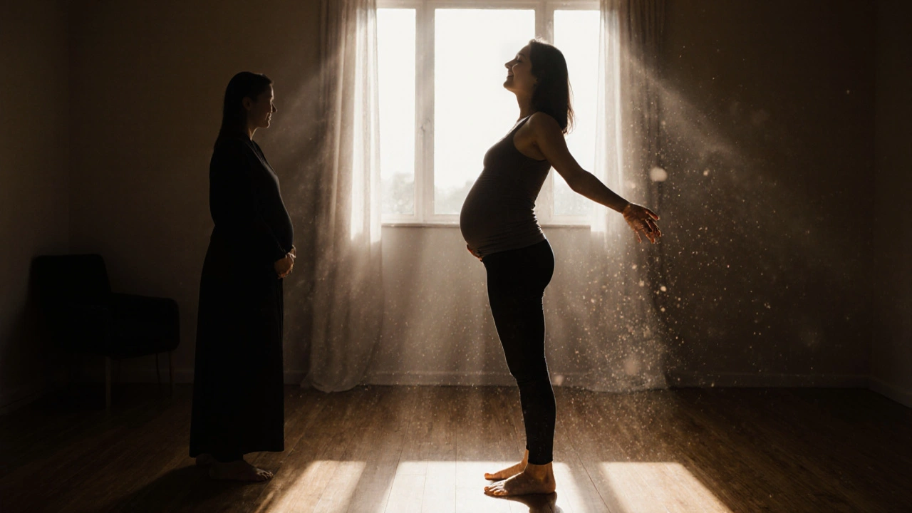 Těhotná žena stojí klidně v slunečním světle, cítí se připravená a uvolněná.