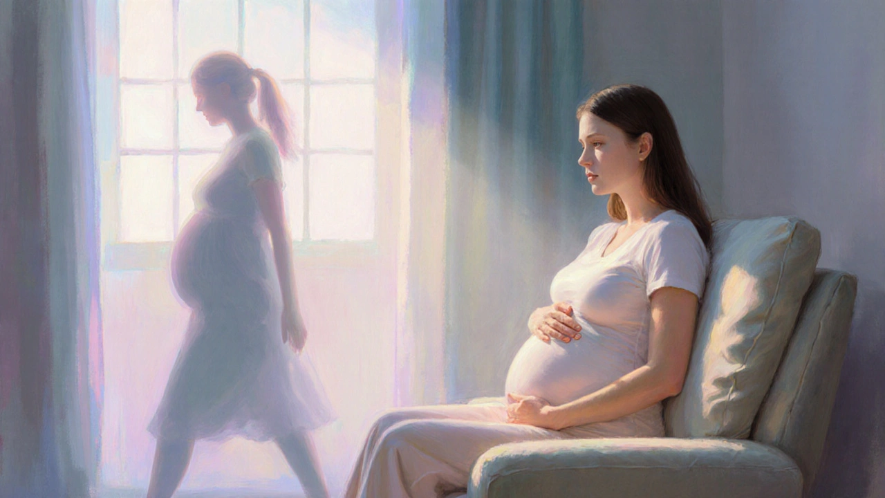 Těhotná žena v klidu, zatímco stín nekvalifikovaného maséře se mění v odborníka na těhotenskou masáž.