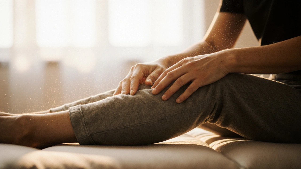 Terapeut aplikuje jemný tlak na vnitřní stranu lýtka u oblečené osoby v klidném prostředí.