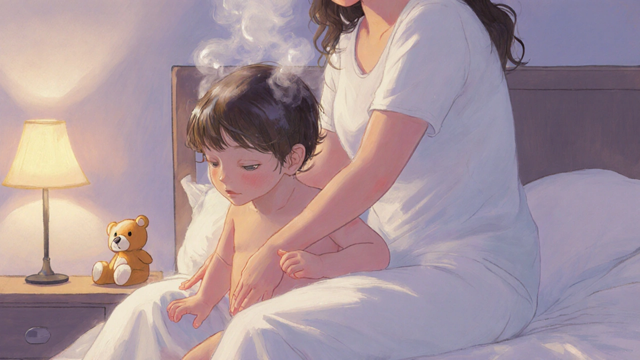 Tříleté dítě si nechá masírovat záda na klíně rodiče ve večerní klidné místnosti.