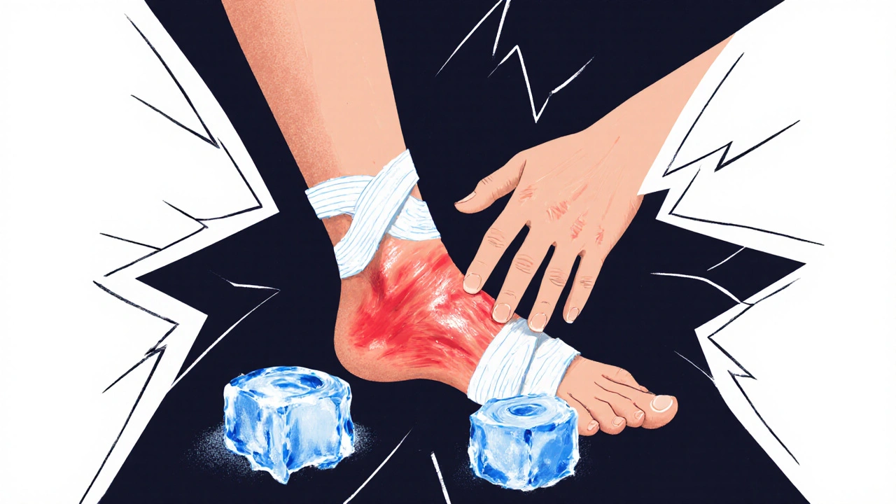 Zraněný kotník s otokem a ledem, ruka maséře zastavena nad poškozenou oblastí.