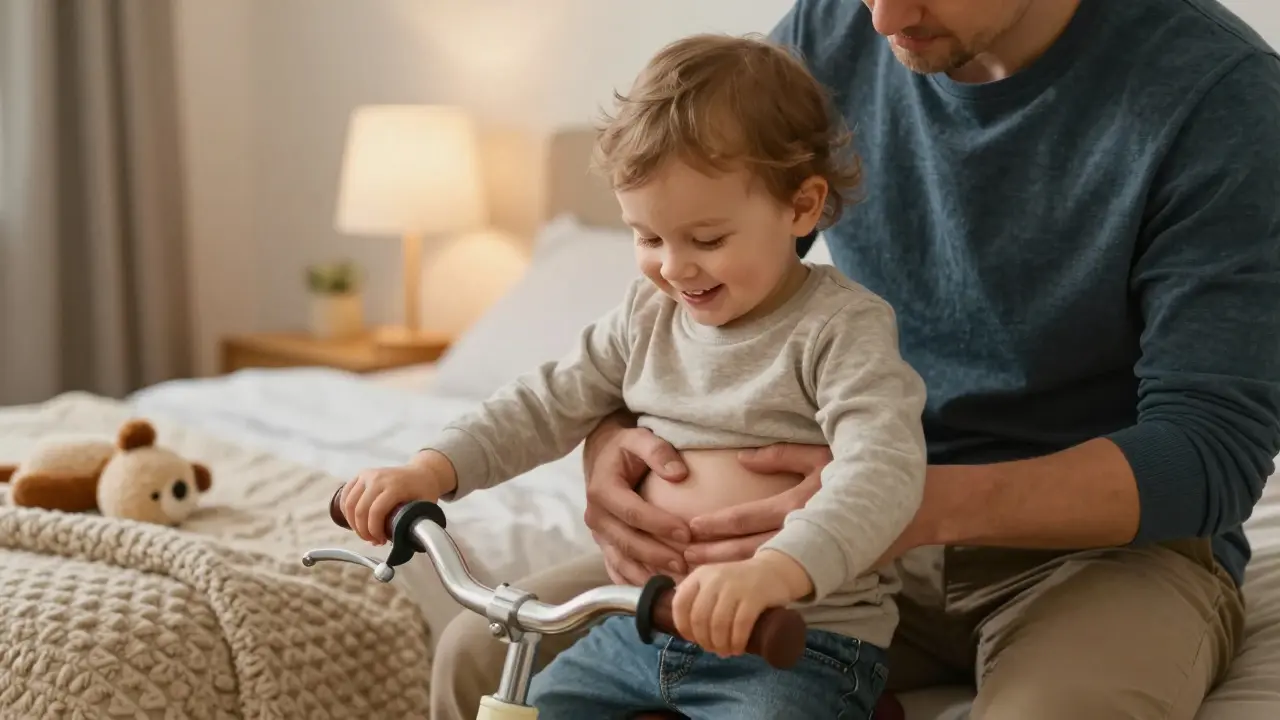 Dítě ve věku 2 let se směje, zatímco rodič provádí jemnou masáž břicha v poloze na klíně.