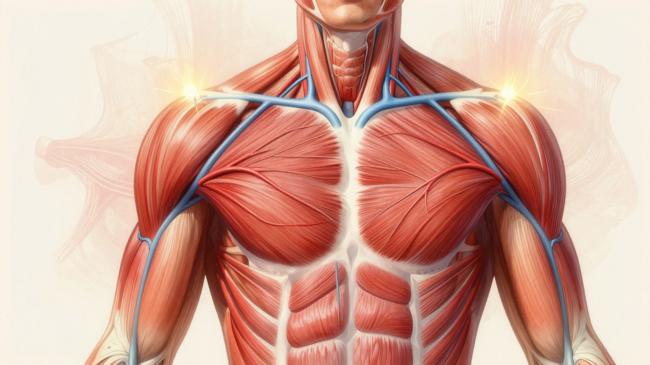 Křížový řez těla s ukázkou krevního oběhu a lymfatického odtoku po masáži.