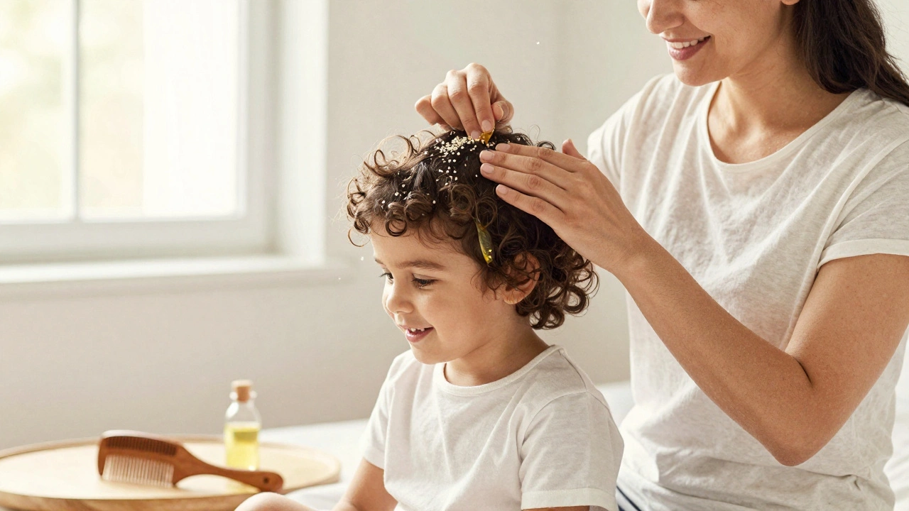 Matka masíruje olej do hlavy dítěte v klidném ranním světle.