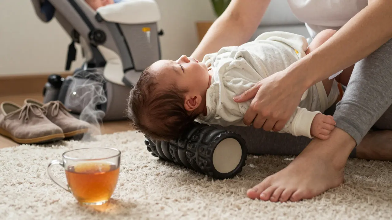 Matka si doma pomáhá foam valíkem při bolesti zad, drží dítě v náručí.