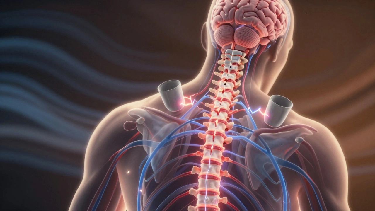 Přehled nervového systému s signály z baňkování směřujícími k míše a mozku.