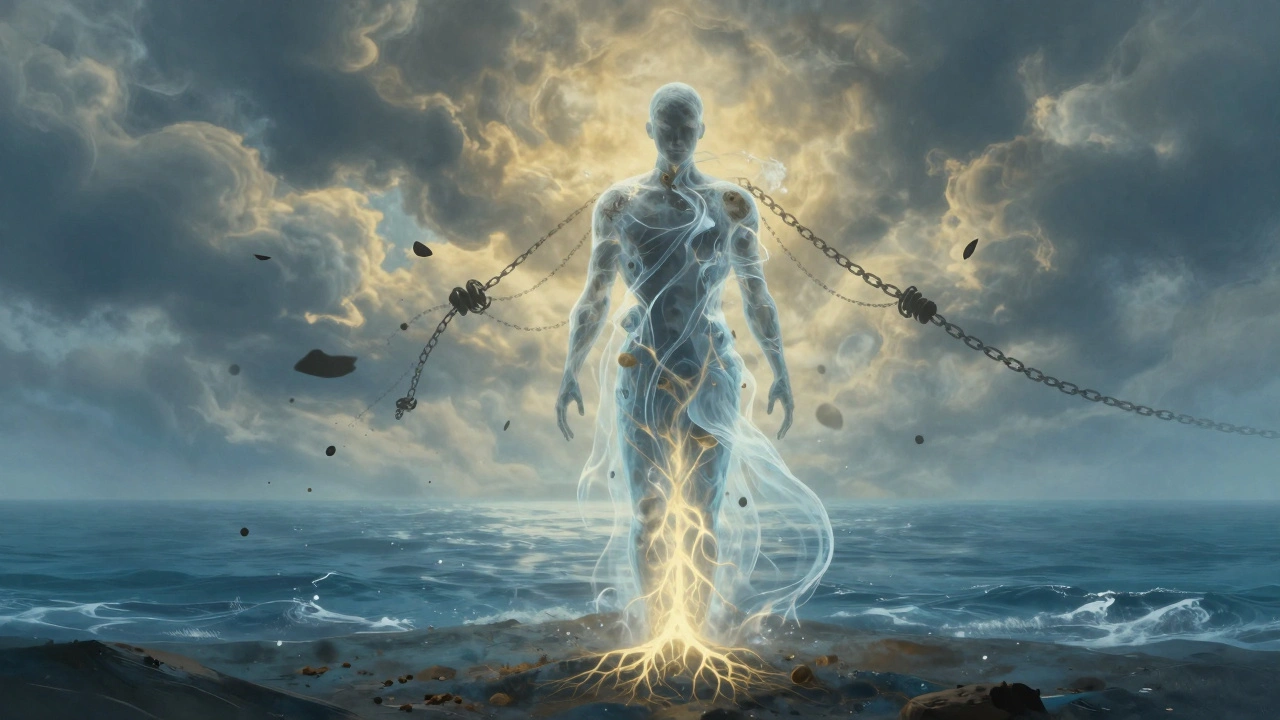 Průhledná postava se mění v proud vody, napětí se rozplynuje do moře jako stíny.