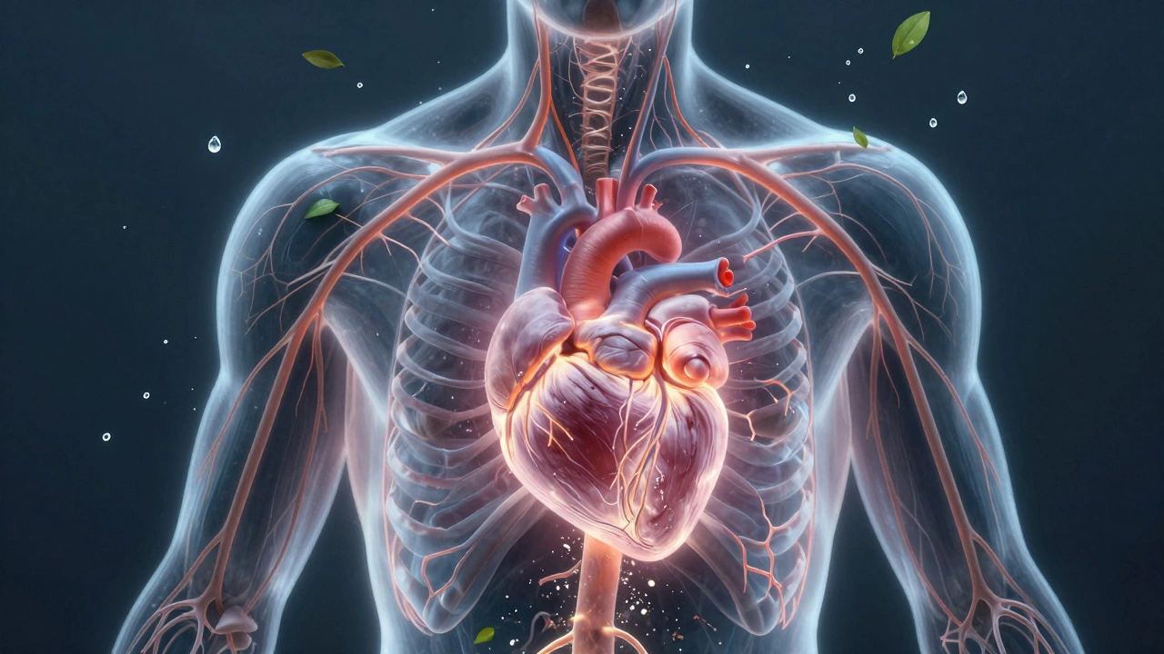 Průhledný lidský tělo s ozářenými lymfatickými cévami a odstraňujícími odpady.