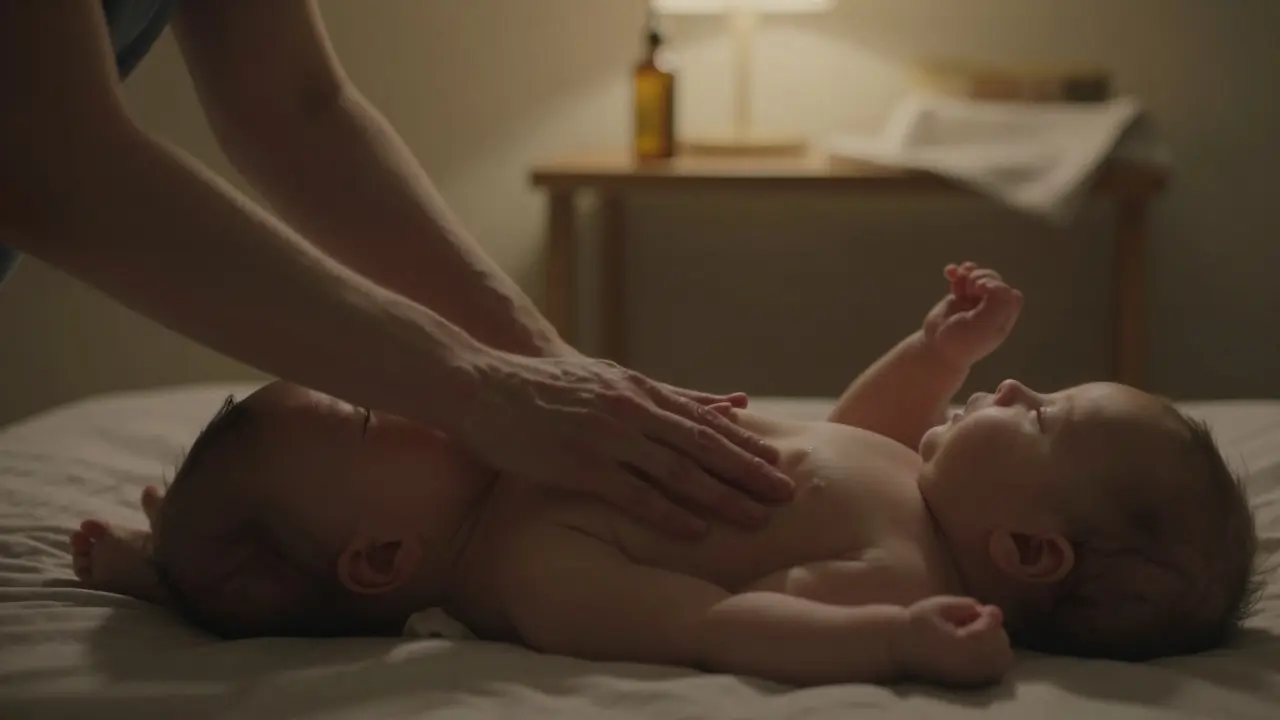 Rodič pomalu zahýbá nožičky dítěte k hrudníku při masáži břicha ve večerní klidné atmosféře.