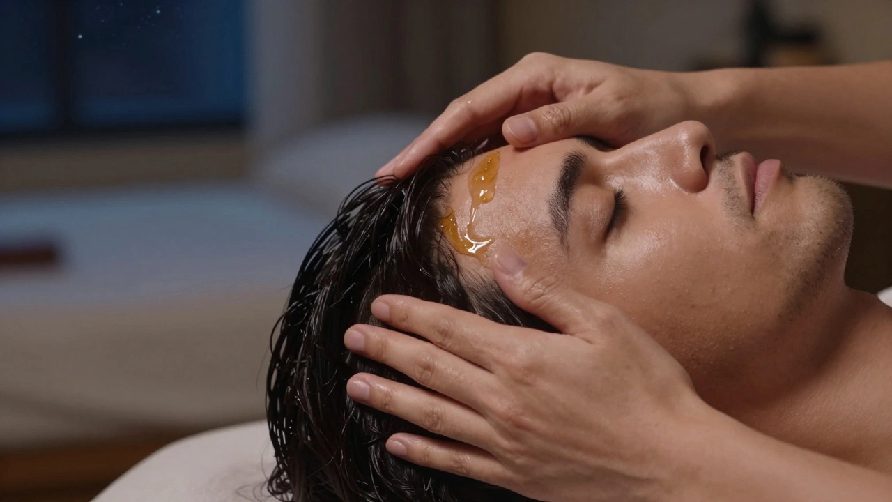 Ruce masírují pokožku hlavy olejem, zatímco muž klidně odpočívá večer.