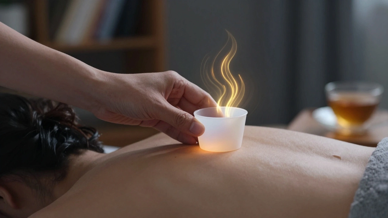 Ruka klade silikonovou baňku na lopatku, z ní vycházejí vlny symbolizující uvolnění nervového systému.