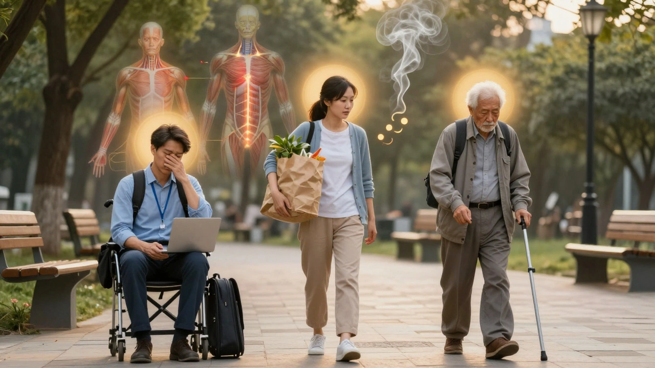 Tři různé osoby osvětlené zlatým zářením obnovy v klidném parku.