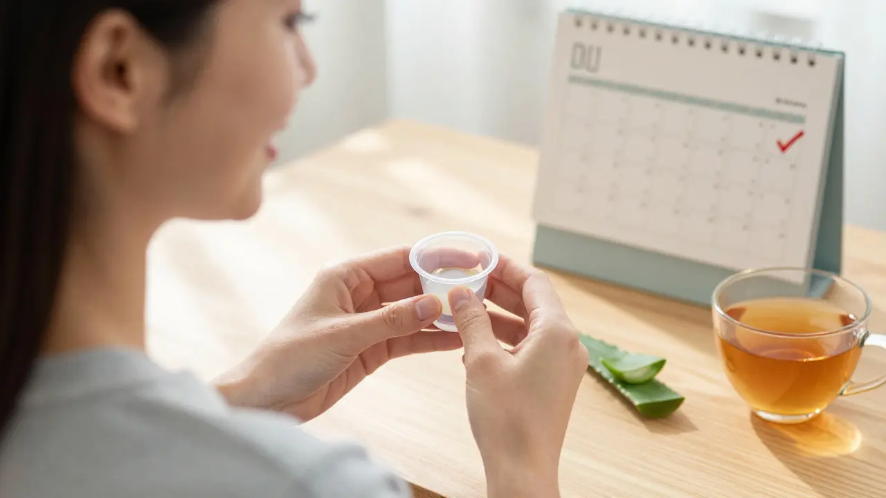 Žena drží baňky a aloe veru na stole s kávou a kalendářem s označenými dny.