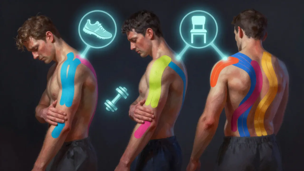 Abstraktní znázornění tří tělesných oblastí s barevnými tejpovými páskami jako podporujícími pruhy.