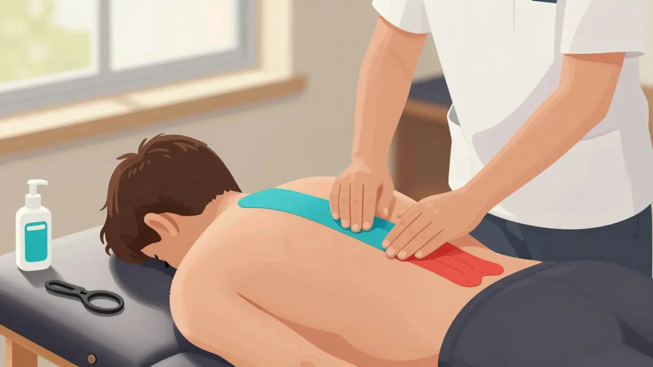 Fyzioterapeut aplikuje tejp na dolní část zad sportovce v klinice.