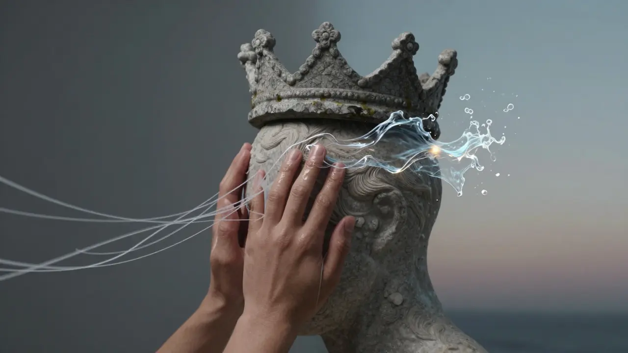 Hlava s těžkou klenbou, která se mění v olivové vlny a světlo.