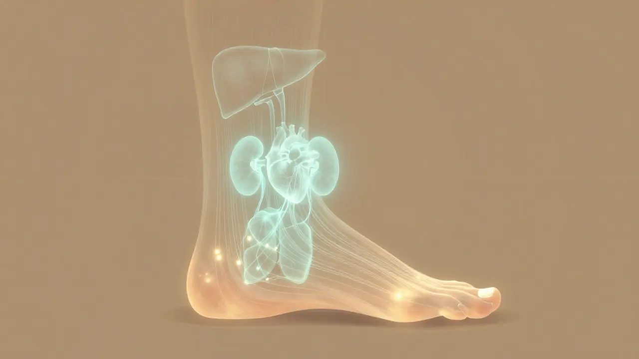 Kresba chodidla s propojenými reflexními zónami a vnitřními orgány.