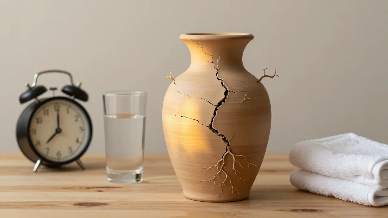 Prasklá hrnčířská váza se pomalu hojí, s kořínky a výhonky, symbolizující obnovu těla.