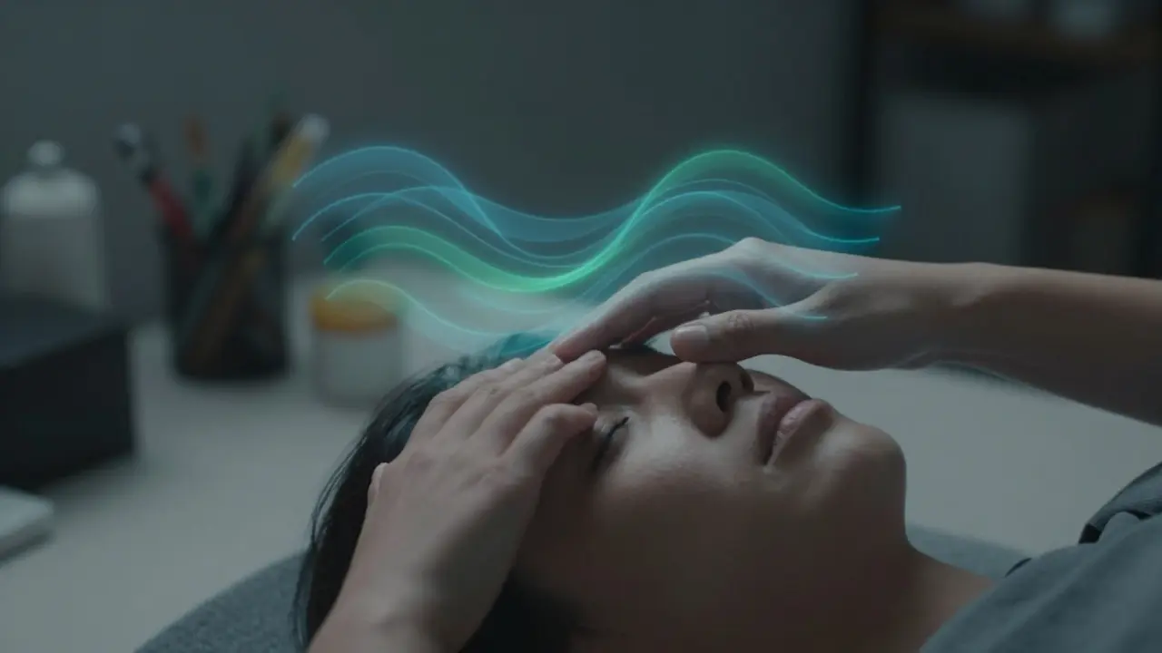 Ruka provádí jemné kruhové pohyby na čele, s viditelnými vlnami klidu kolem dotyku.
