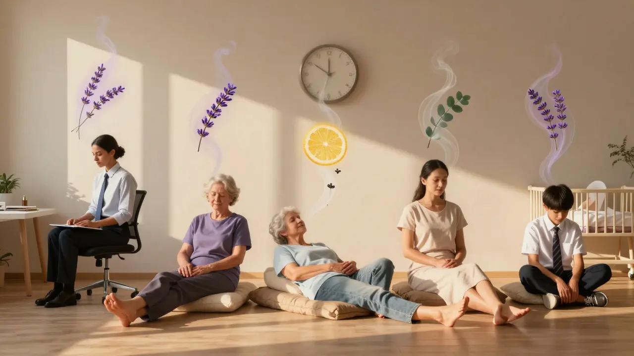 Různí lidé v klidu, spojení vonnými stopami esenciálních olejů, symbolizující úlevu od stresu.