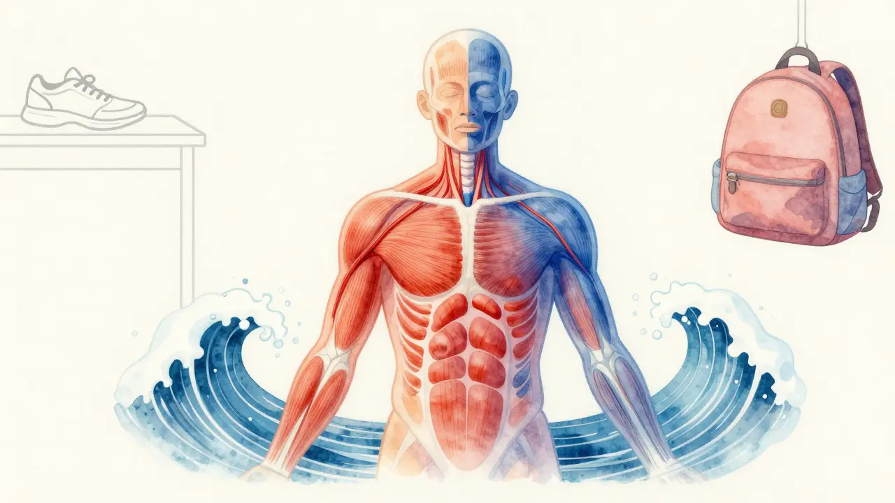 Translukentní obrázek těla s proudy krve a uvolněním stresu, symbolizující regeneraci po náročném dni.