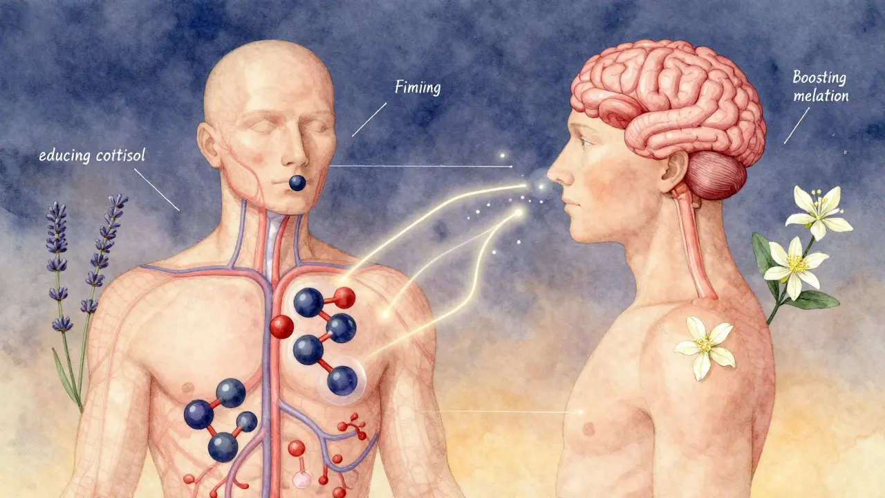 Vědecká ilustrace cest esenciálních olejů přes kůži a nosní sliznici k mozku.