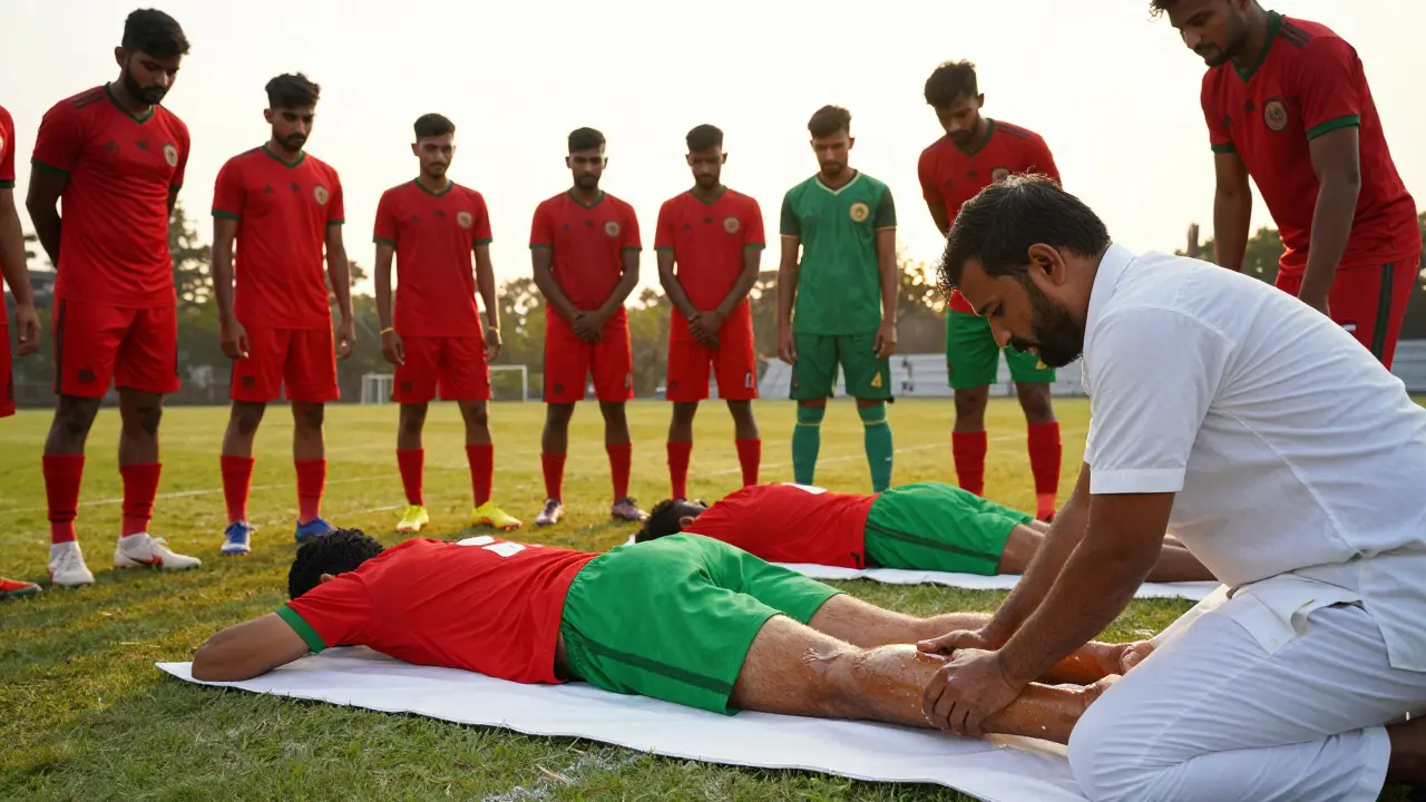 Fotbalisté dostávají ájurvédskou masáž po zápase.