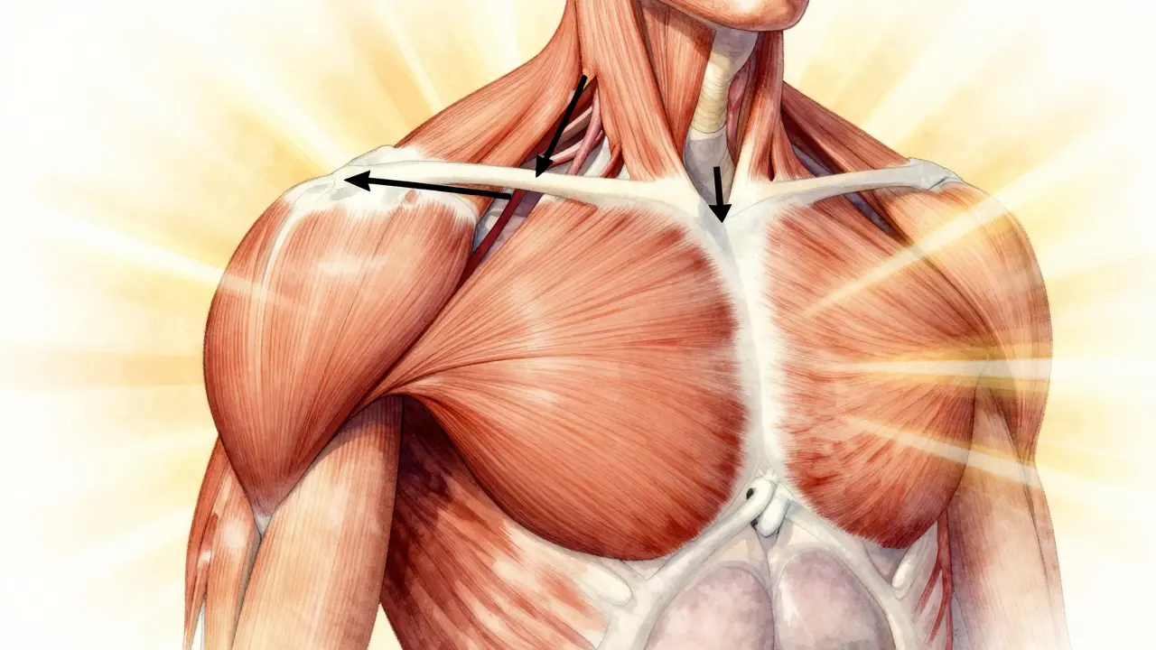 Ilustrace lopatky a ramenního kloubu s vyznačenými zatvrzenými svaly a obnovou krevního oběhu po masáži.