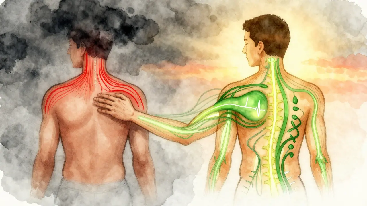 Konceptuální ilustrace: napjaté tělo přeměněné na klidné, s chemickými signály štěstí a pomalým tepem.