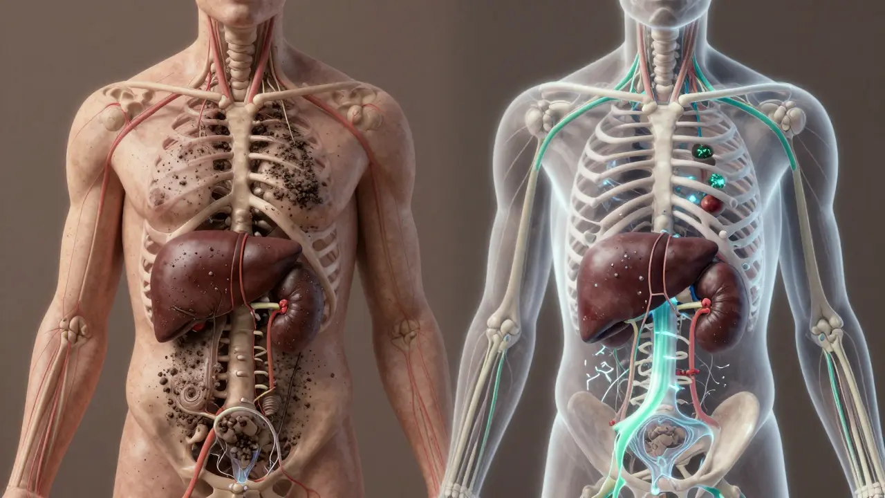 Konceptuální porovnání zablokovaných a vyčištěných energetických cest uvnitř těla s odstraňováním toxínů.