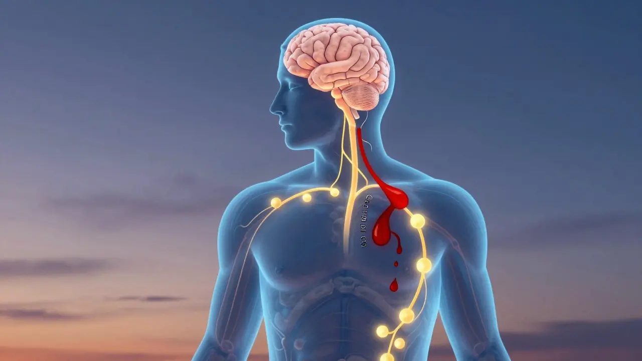  lidské tělo s chemickými cestami serotoniny a kortizolu, symbolizující přechod od stresu ke spánku.