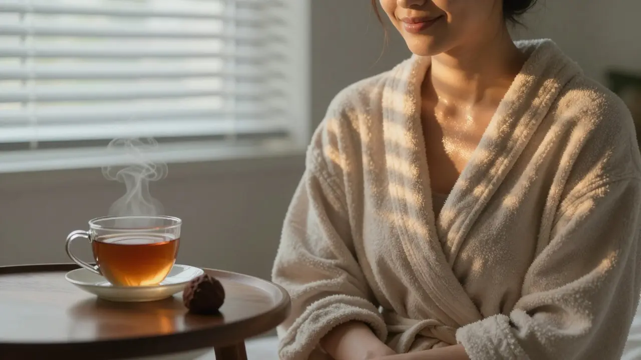 Osoba po masáži sedí v klidu, zabalena do plátna, s mírným úsměvem a teplým světlem na kůži.