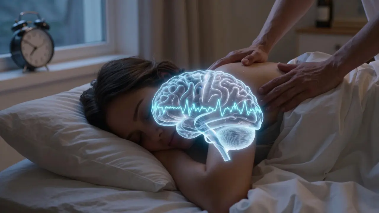 Osoba spí v posteli, s přehledem mozku ve fázi hlubokého spánku a jemnými rukama nad rameny.
