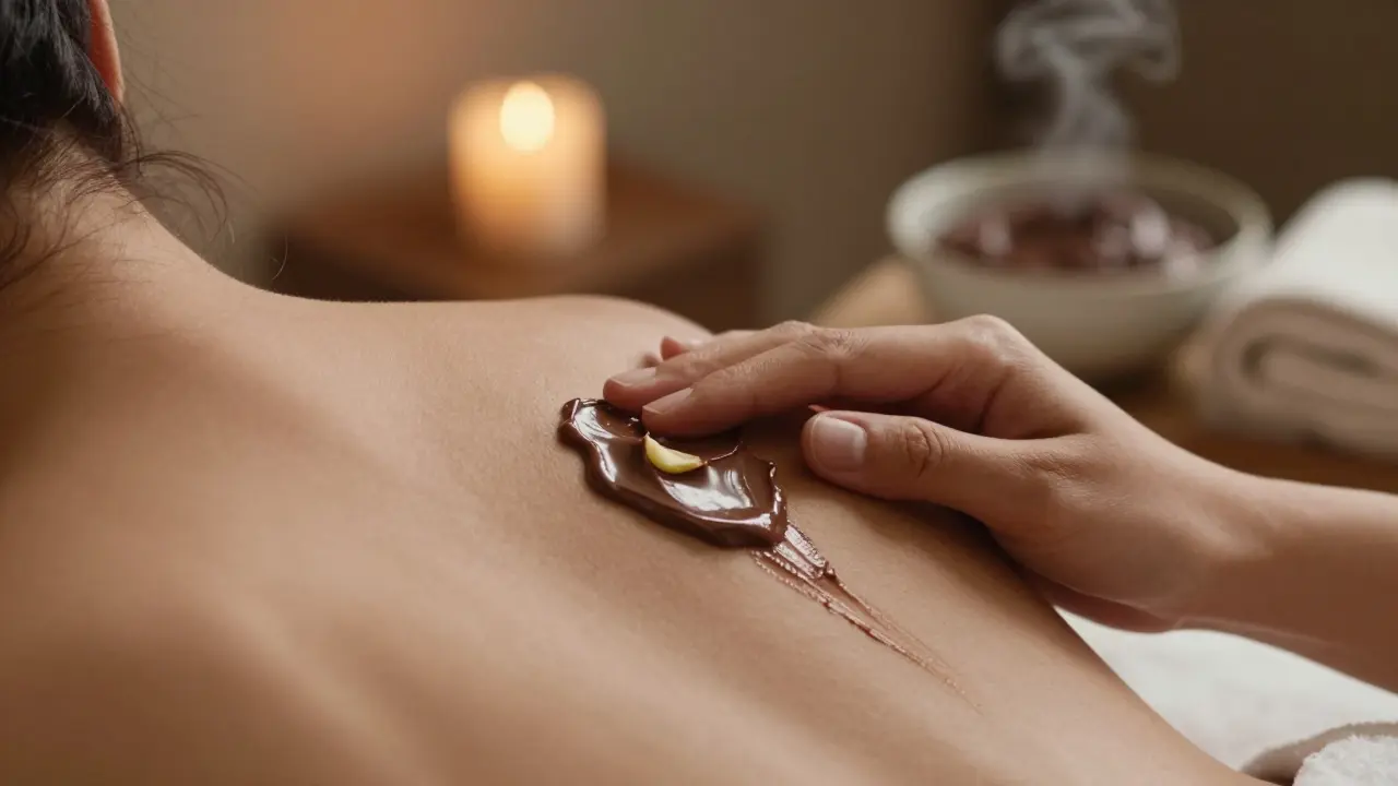 Ruka aplikuje teplý čokoládový balzám na plece, kůže září vlhkostí a přírodními tuky.