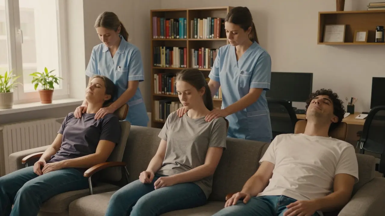 Tři různí lidé v běžných situacích získávají klid prostřednictvím krátké masáže – student, sestra a pracovník.