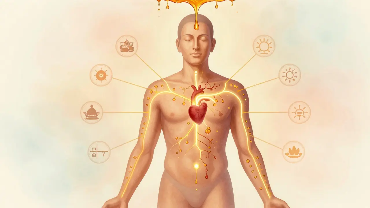 Uvnitř těla viditelné energetické kanály svady zářící zlatou světlem, s olejem, který proniká do kůže, ve stylu tradicní indické medicíny.