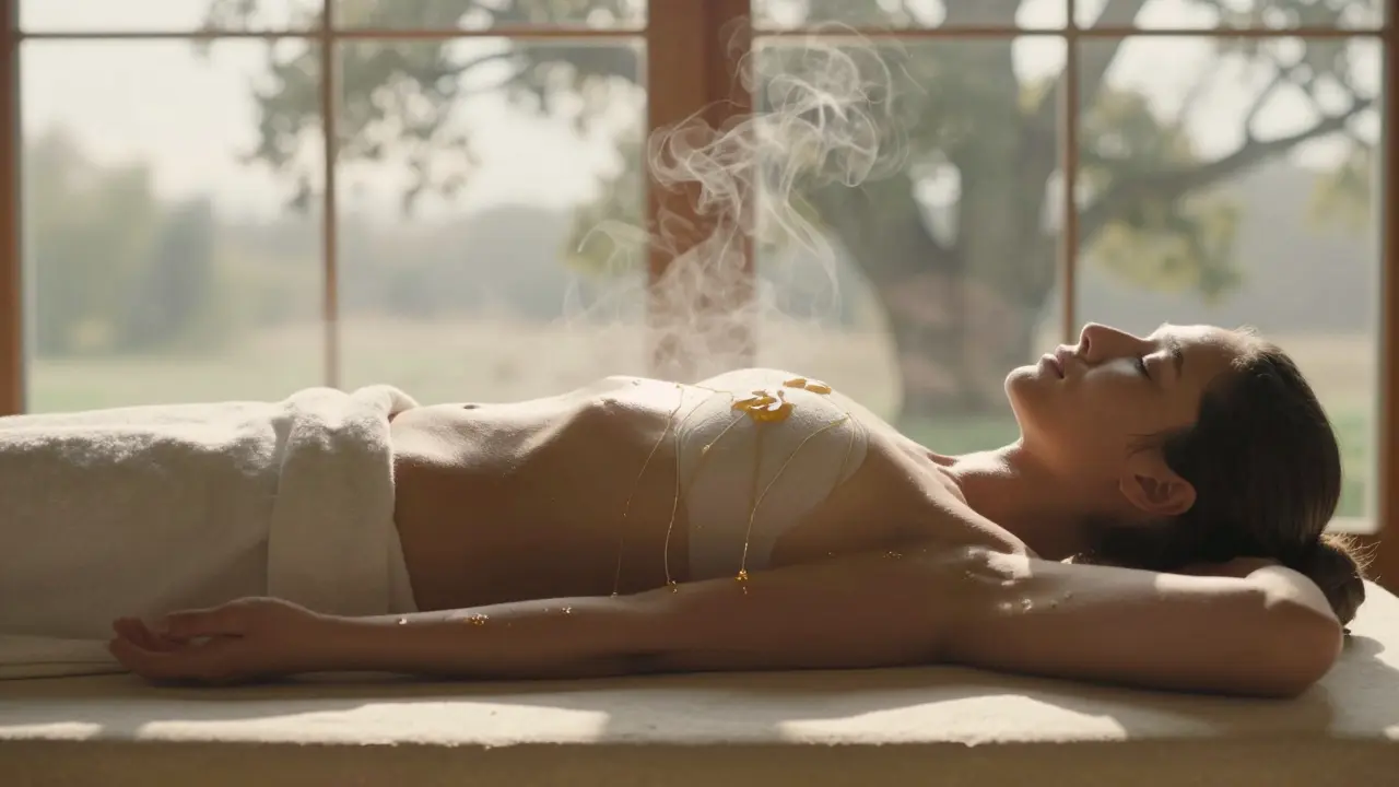 Žena po porodu si nechává medovou masáž břicha, zlatý med se vstřebává do kůže při klidném světle dne.