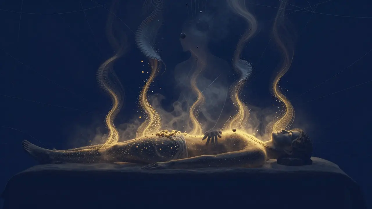 Abstraktní scéna: zlaté vlny šťastných chemikálií se vynořují z těla, zatímco stresové hormony mizí.