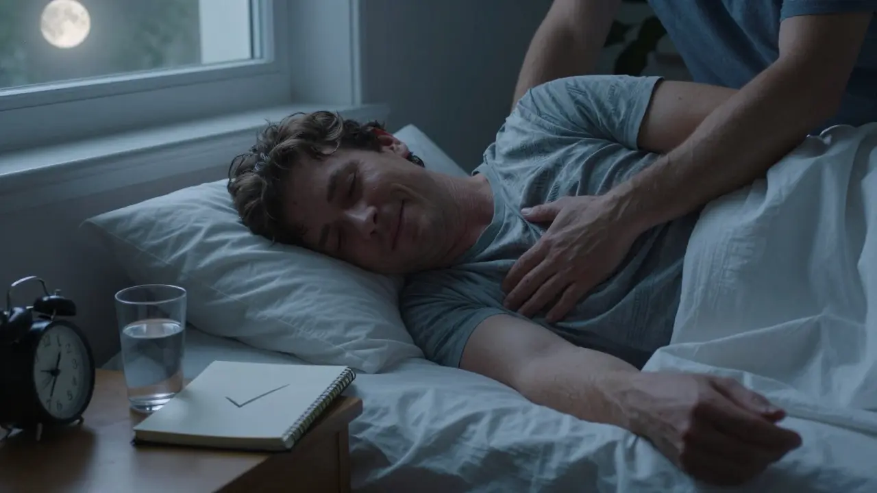 Člověk klidně spí po masáži v měkkém měsíčním světle, znak hlubokého odpočinku.